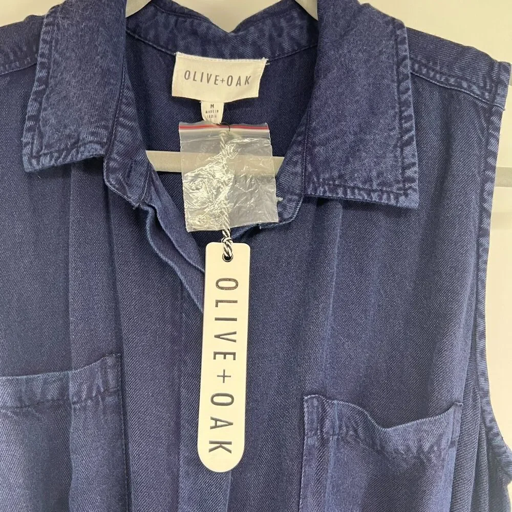 NWT Olive + Oak Dress Womens M Blue Button Up Belted Collared Sleeveless - Picture 7 of 9